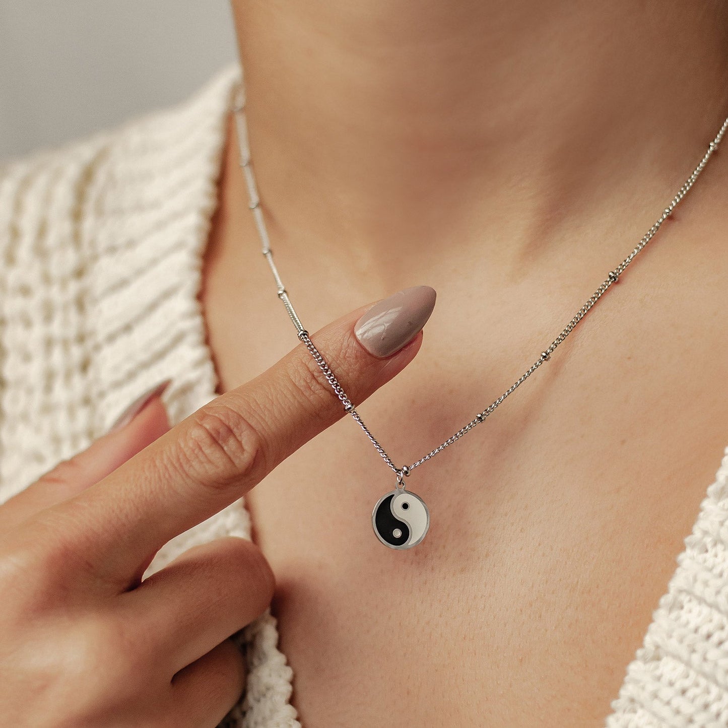 Yin Yang Bead Chain Necklace Silver
